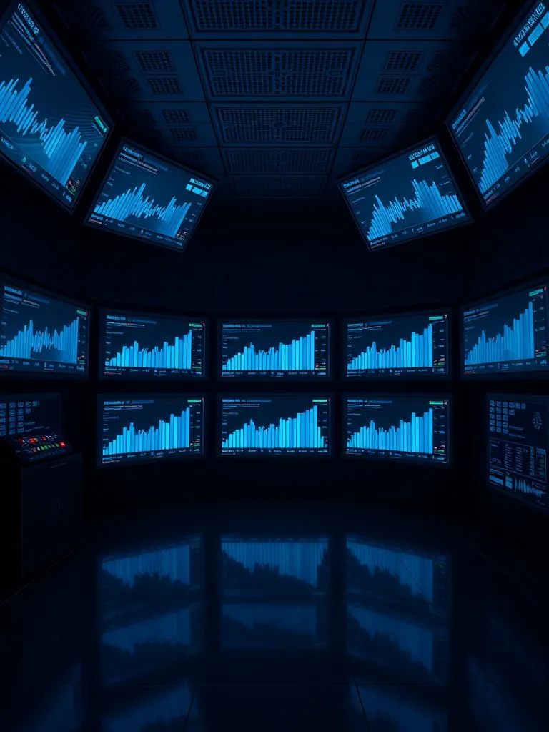 A high-tech dark room with multiple digital screens displayi